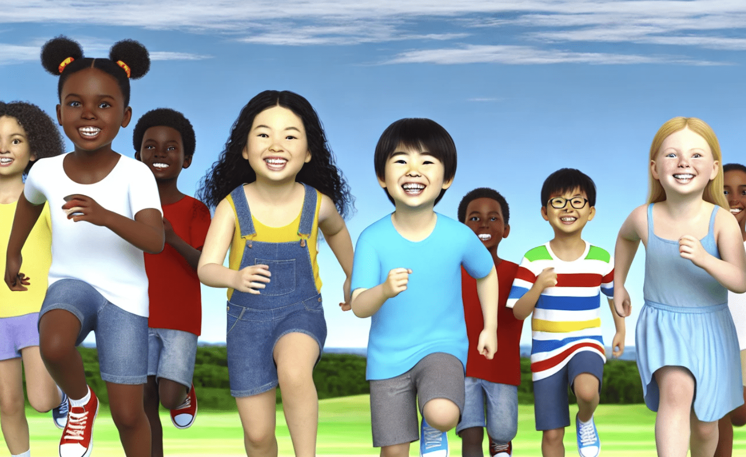 AI generated image of ethnically diverse children smiling and running forward